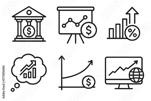 Forex Trading Icons. Line style icons of forex trading: central bank icon, monetary policy chart, interest rate policy icon,