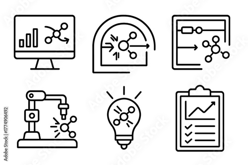 Nuclear Fusion Icons. Line style icons of nuclear fusion: neutron flux monitor, shielding analysis, activation calculation, fusion
