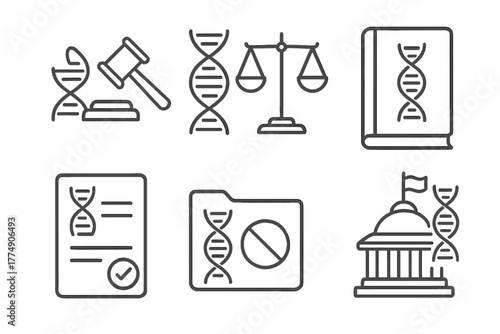 Cloning Regulation Icons. Line style icons of cloning technology: legal regulation, DNA law icon, cloning policy book, approval