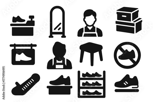 Shoe Store Essentials. Solid style icons of shoe store context: Sales Counter, Mirror Stand, Shoe Box Stack, Store Sign, Clerk