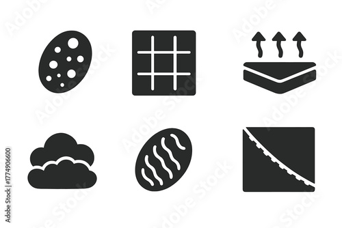 Weighted Fabric Icons. Solid style icons of weighted fabric design: Microbead Fill, Inner Stitch Grid, Reinforced Corner,