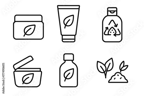 Biodegradable Beauty Icons. Line style icons of biodegradable plastics: cosmetic packaging, eco cream tube, biodegradable bottle,