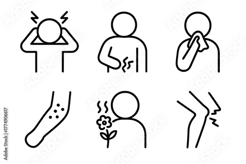 Homeopathy Ailment Icons. Line style icons of common ailments treated in homeopathy: headache symbol, stomach discomfort, cold