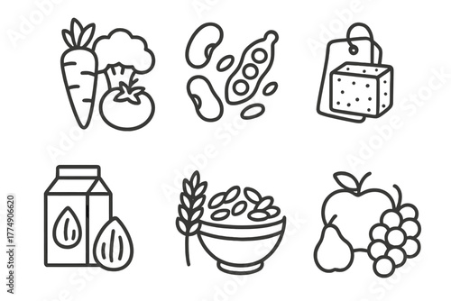 Vegan Diet Icons. Line style icons of vegan diet: fresh vegetables icon, legumes and beans symbol, tofu block tag, almond milk