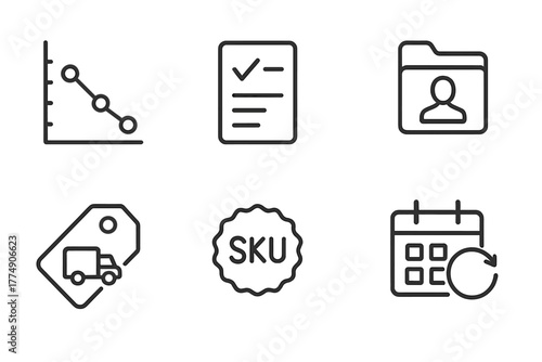 Franchise Inventory Icons. Line style icons of Franchise Inventory Management: Stock level chart, order form icon, supplier file,