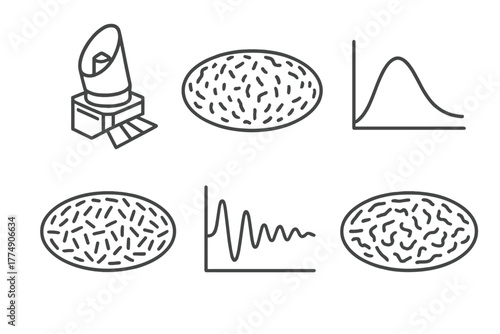 Astrophysics Line Icons. Line style icons of astrophysics: Planck satellite icon, WMAP results, cosmic background spectrum,