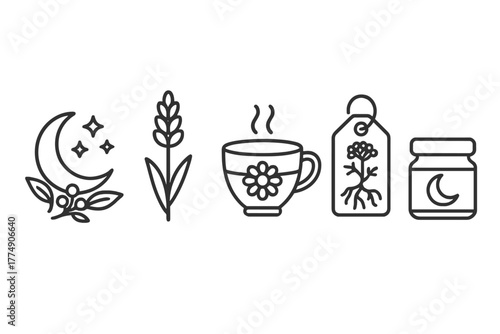 Sleep Therapy Icons. Line style icons of sleep therapy: natural sleep remedies, lavender flower icon, chamomile tea cup, valerian