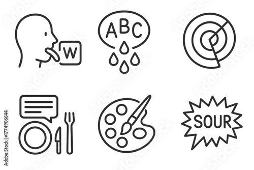 Lexical-Gustatory Icons. Line style icons of Lexical-Gustatory Synesthesia: word with tongue icon, taste bubble from letters,