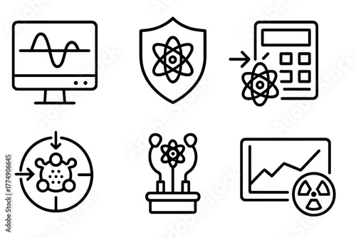 Nuclear Fusion Icons. Line style icons of nuclear fusion: neutron flux monitor, shielding analysis, activation calculation, fusion
