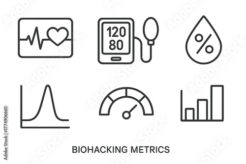 Biohacking Metrics Icons. Line style icons of Biohacking Metrics: heart rate chart, blood pressure monitor, oxygen saturation icon