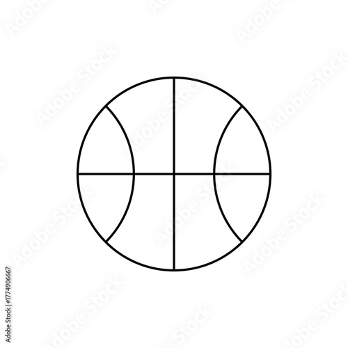 A simple line drawing of a basketball with black lines forming the ball and the curved lines on the sides and center