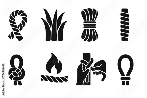 Shibari Elements Icons. Solid style icons of Shibari materials: Jute Rope, Hemp Fiber, Rope Bundle, Winding Stick, Knot Close-Up,