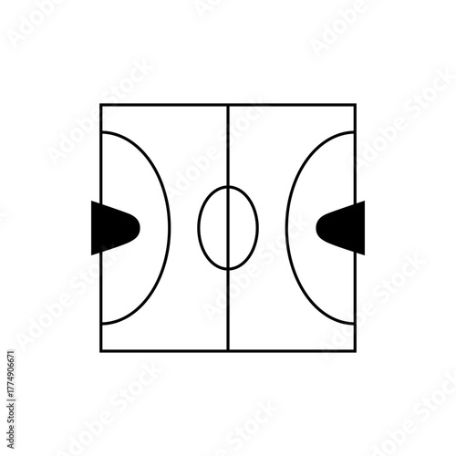 Illustration of a handball court layout with center circle and goal areas in black and white outline