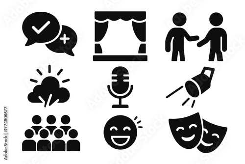 Comedy Improv Icons. Solid style icons of Comedy Improv Scene: "Yes, And...", Stage, Partner, Spontaneity, Microphone, Spotlight,