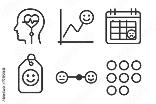 Mental Health Icons. Line style icons of mental health: mental health monitoring, health graph with mood icon, emotion calendar,