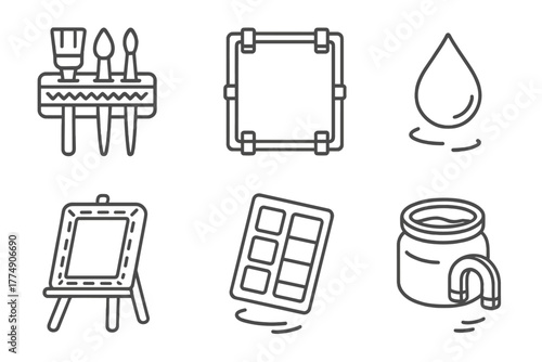 Zero-Gravity Art Tools. Line style icons of Artistic Expression in Zero-Gravity: velcro brush set, strap-down canvas, floating ink