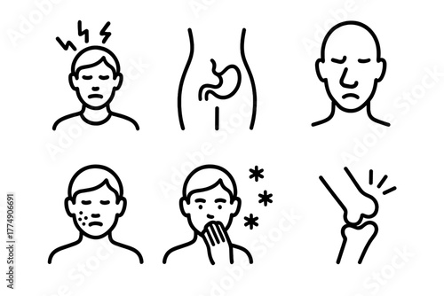 Homeopathy Ailment Icons. Line style icons of common ailments treated in homeopathy: headache symbol, stomach discomfort, cold