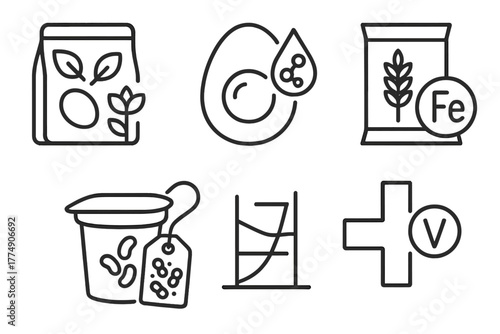 Nutrition Icons Collection. Line style icons of nutrition science: fortified and functional foods, omega-3 eggs icon,