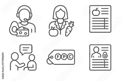 Keto Diet Line Icons. Line style icons of ketogenic diet: keto support and coaching, nutritionist figure icon, meal plan sheet,