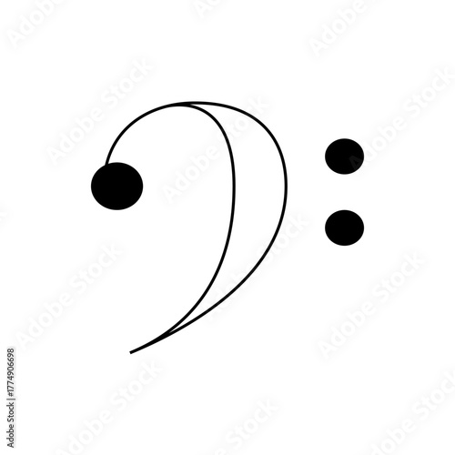 Simple illustration of a bass clef with a curved line and two dots on a white background design element