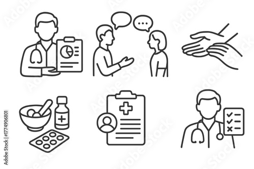 Homeopathy Consultation Icons. Line style icons of homeopathy consultation process: doctor with chart, patient discussion, wrist