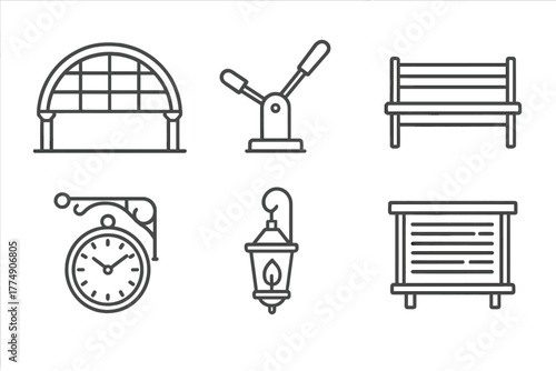 Historic Railway Icons. Line style icons of Historic Railway Stations: arched station roof, manual signal lever, waiting bench,