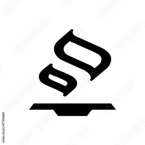 Stylized black and white graphic featuring a unique symbol above a horizontal bar with a central cutout
