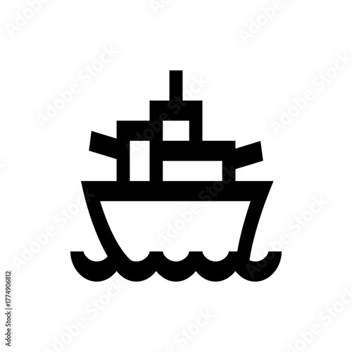 Illustration of a simple black and white boat with waves in a minimalist style line drawing design art, 100 char