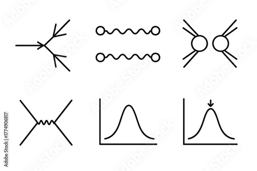 Particle Physics Icons. Line style icons of particle physics: Higgs decay mode, photon pair icon, Z boson pair, decay channel