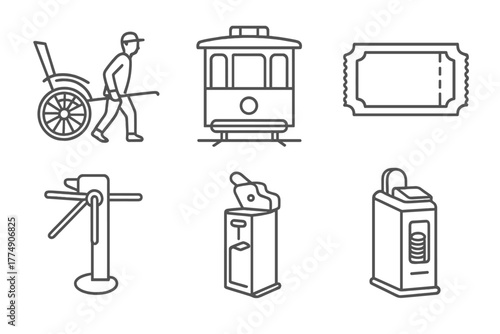 Early Urban Transport Icons. Line style icons of Early Urban Transport: hand-pulled rickshaw, cable tram, vintage metro ticket,