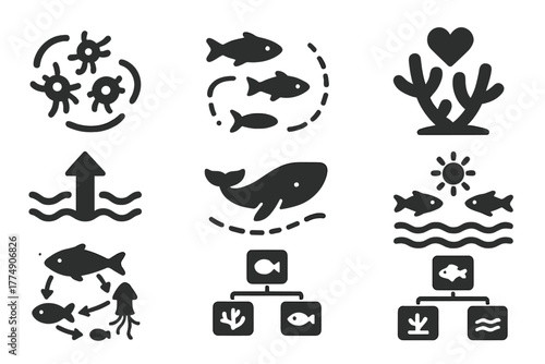 Marine Ecosystem Icons. Solid style icons of marine ecosystems affected: Phytoplankton Swirl, Fish Migration Route, Coral Health
