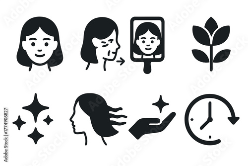 Youth Serum Icons. Solid style icons of youth serum imagery: Young Face, Wrinkle Fade, Mirror Reflection, Blooming Flower, Light