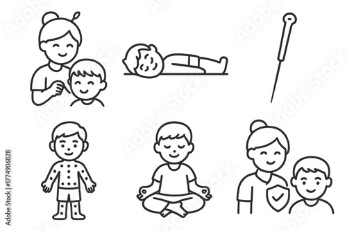 Children's Acupuncture Icons. Line style icons of acupuncture: children’s acupuncture, child lying calmly icon, gentle needle