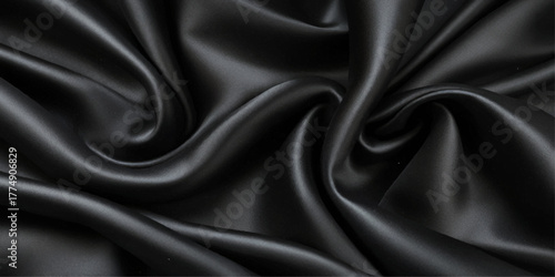 Luxurious black smooth silk or satin texture background. Black silk wave and curve background.	