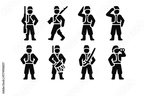 Zouave Soldier Icons. Solid style icons of Zouave soldier posture: Standing Guard, Marching Pose, Rifle Over Shoulder, Salute