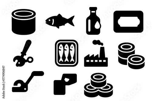 Vintage Canning Icons. Solid style icons of Vintage Canning Process: Tin, Fish, Oil, Label, Can Opener, Packed Fish, Factory,