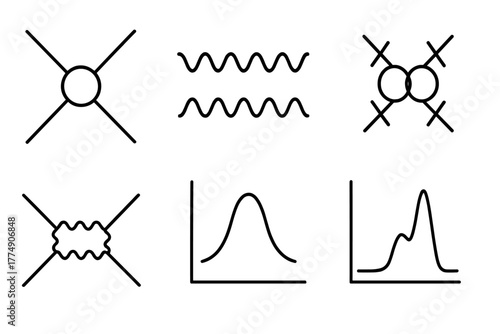 Particle Physics Icons. Line style icons of particle physics: Higgs decay mode, photon pair icon, Z boson pair, decay channel