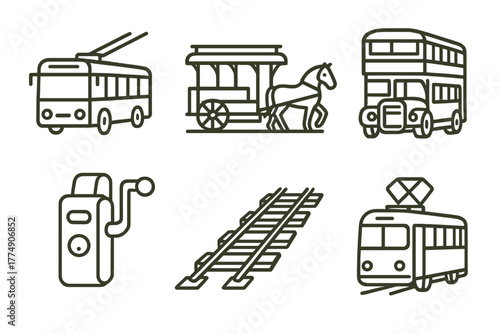 Vintage Transport Icons. Line style icons of Historical Public Transport: trolleybus, horse tram, vintage double-decker,