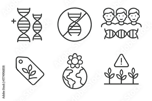 Cloning Technology Icons. Line style icons of cloning technology: genetic diversity icon, limited gene pool, clone uniformity