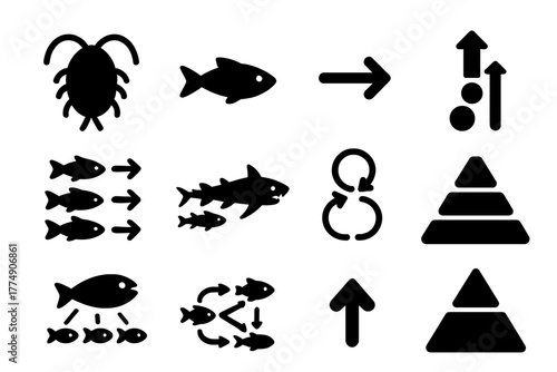 Marine Food Web Icons. Solid style icons of marine food web structure: Zooplankton Figure, Small Fish Silhouette, Feeding Arrow,