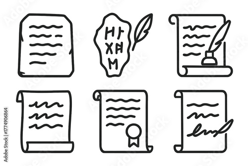 Ancient Calligraphy Icons. Line style icons of Ancient Calligraphy Inscriptions: stone tablet, ink on bone, scroll carving,