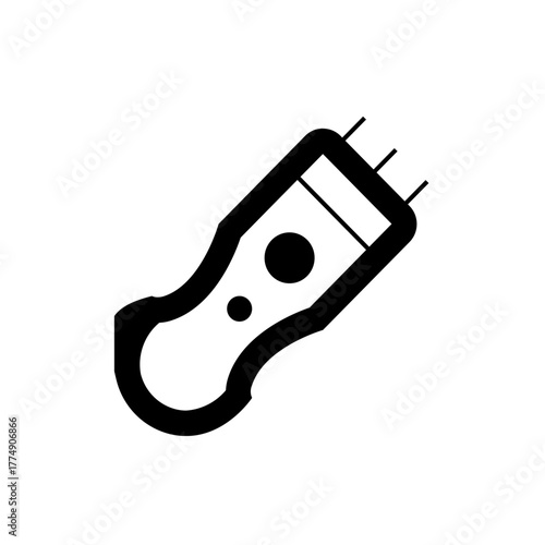 Stylized black and white drawing of a handheld device with buttons and wires extending from the top