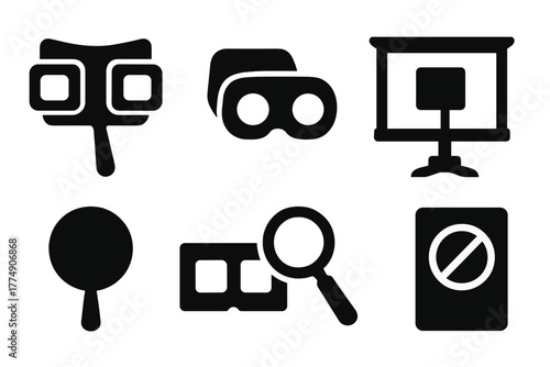 Retro Viewing Icons. Solid style icons of Retro Viewing Equipment: Stereoscope, Slide Viewer, Magnifier, Handle, Frame, Stand,