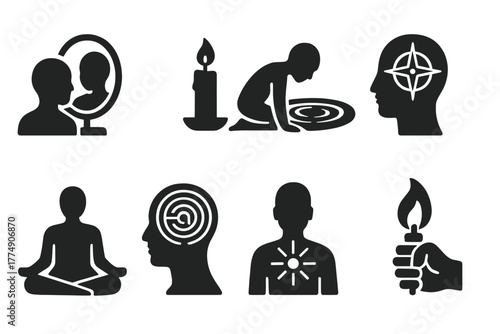 Introspection Icons Collection. Solid style icons of introspection and insight: Mirror and Mind, Candle in Dark, Self Reflection