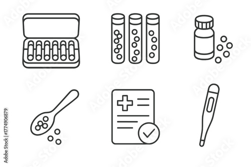 Homeopathy Kit Essentials. Line style icons of homeopathy home kit essentials: remedy case, globule tubes, emergency pellets,