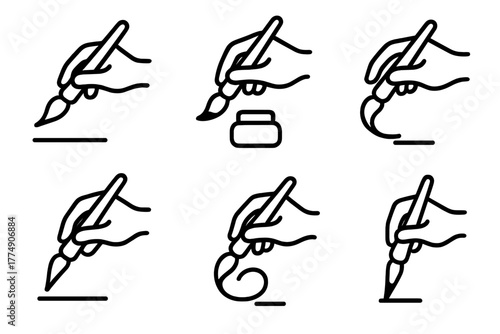 Iconic Calligraphy Poses. Line style icons of Iconic Calligraphy Poses: brush hovering, ink dipping, wrist turning, stroke
