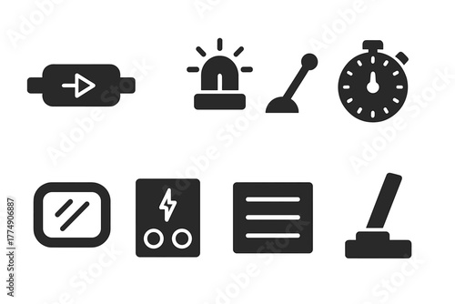 Machine Operation Icons. Solid style icons of machine operation elements: X-ray Tube, Indicator Light, Adjustment Lever,