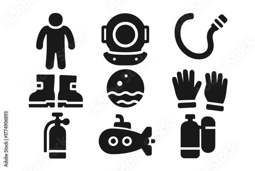 Diving Gear Icons. Solid style icons of Early Submersion Outfit: Diving Suit, Helmet, Air Hose, Weighted Boots, Deep Sea, Suit,