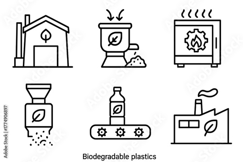Biodegradable Plastics Icons. Line style icons of biodegradable plastics: industrial composting facility, compost machine icon,