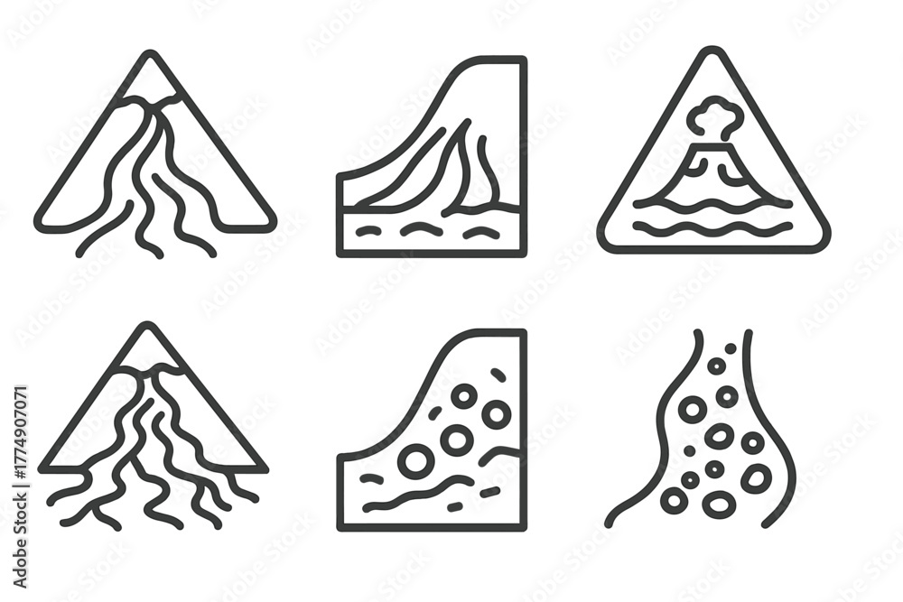 Fototapeta premium Volcanology Line Icons. Line style icons of volcanology: lahar flow, mudslide path, sediment deposit, lahar warning icon, volcanic